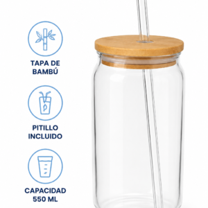 Vaso de Vidrio con Pitillo y Tapa de Bambú 550ml Reutilizable